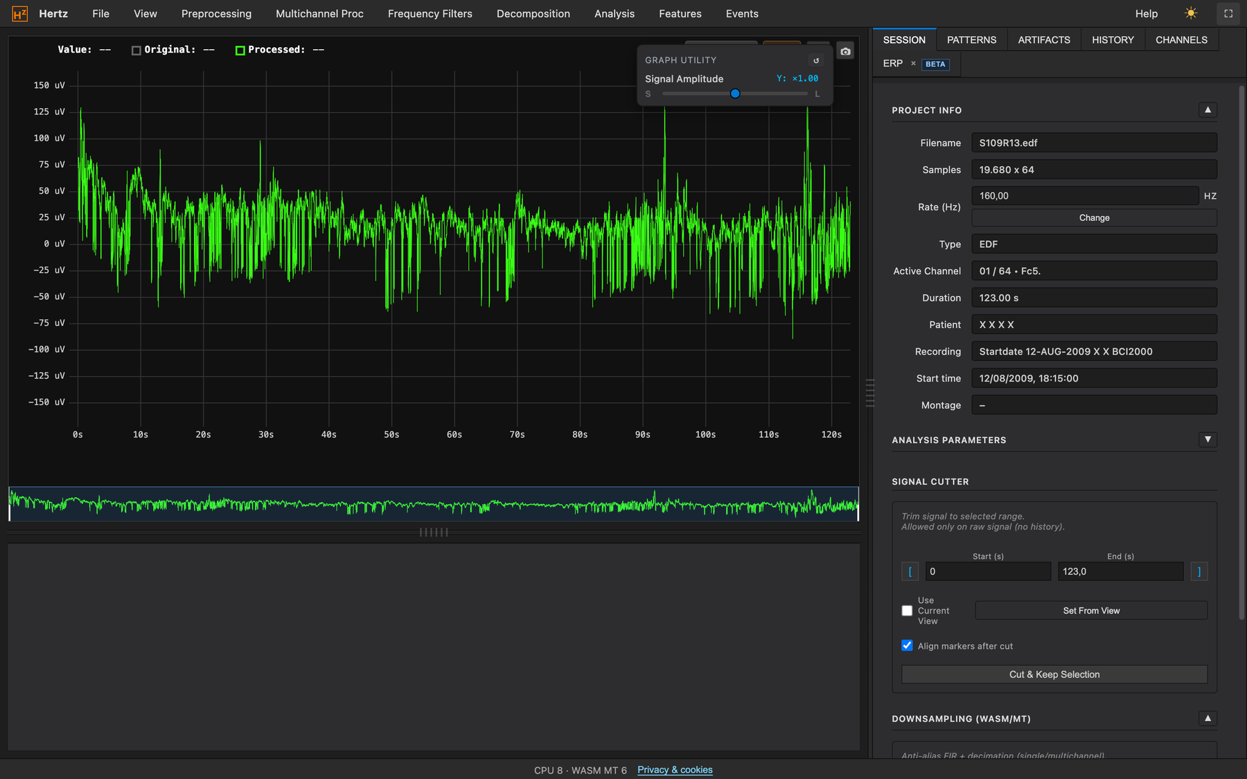 Main view of a 64-channel EEG (PhysioNet, S109, 160 Hz): active channel, overview, Session panel with Signal Cutter and Downsampling
